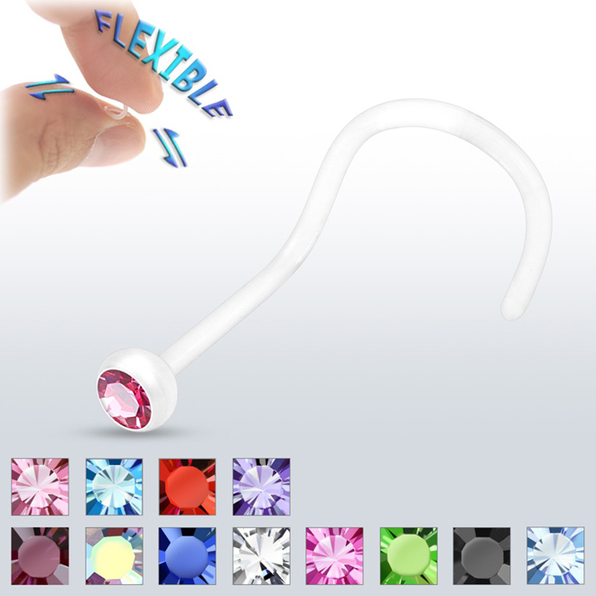 BioFlex Nose Stud Screw Piercing with CZ Gem Top